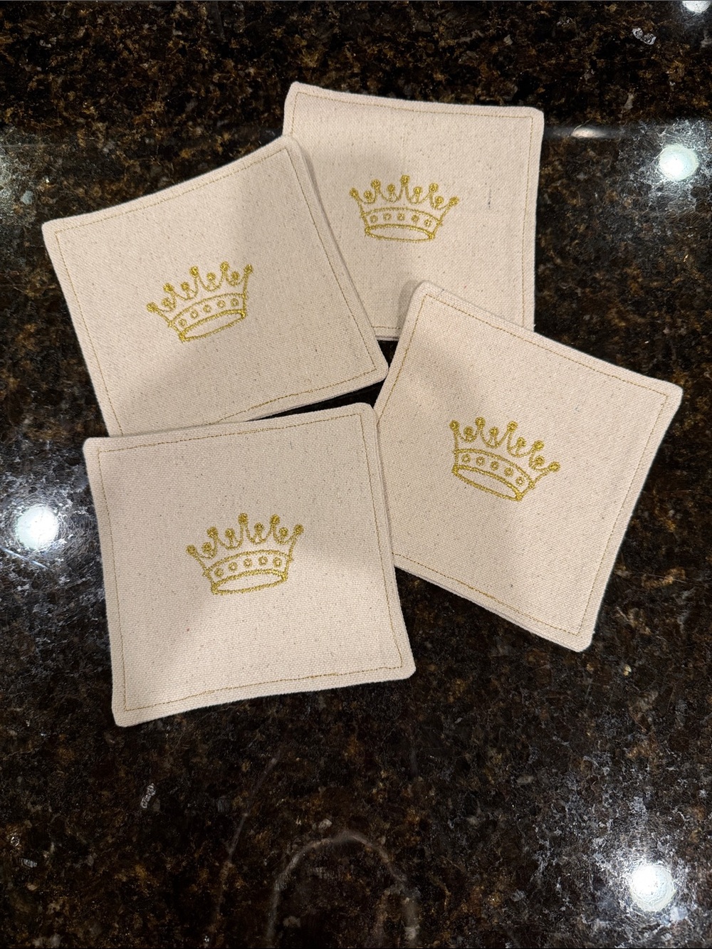 Neutral Canvas Coasters with Gold Crown Embroidery - Set of 4